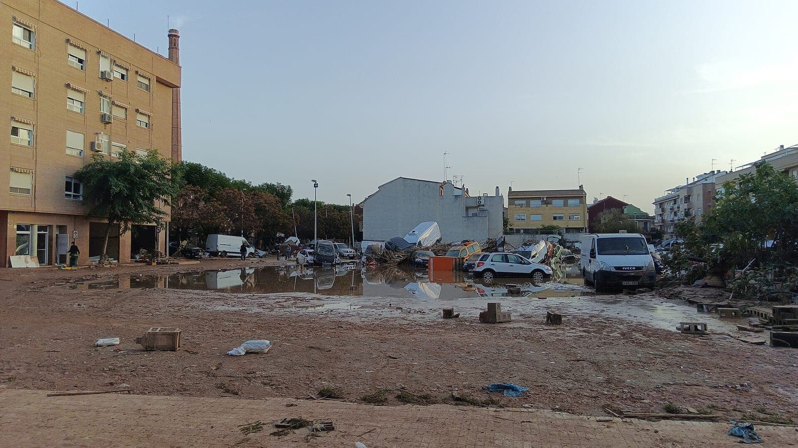 Mud and wrecked cars in Paiporta after the DANA flood of October 2024