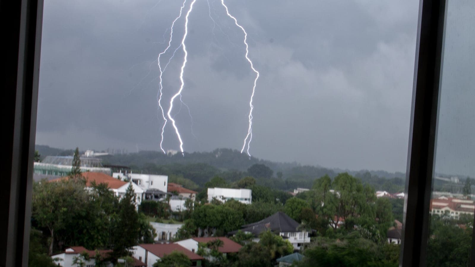 Lightning over Singapore during a thunderstorm