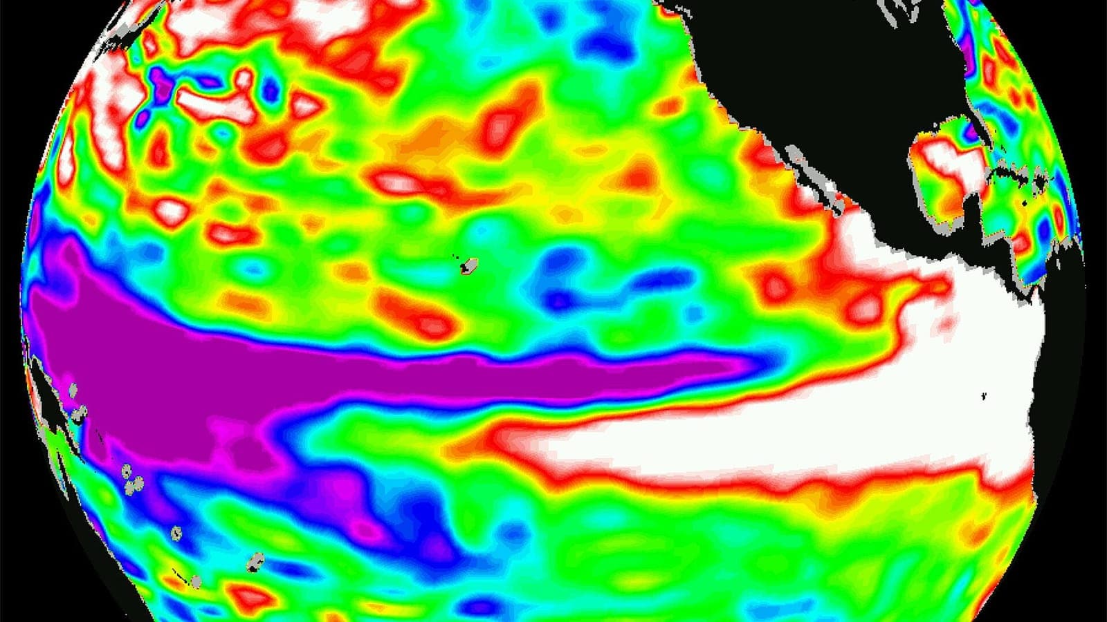 Satellite map of the 1997 El Niño: raised, warm sea across the eastern Pacific (TOPEX/Poseidon)